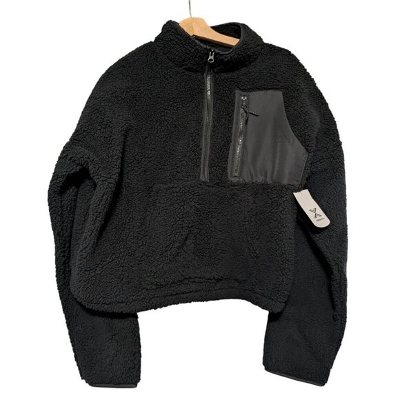 Xersion Popover Fleece Jacket Black Zip Pocket Mixed Media Faux Fur Women's XXL - Picture 1 of 6